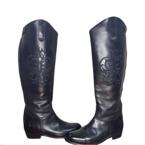 FRYE BLACK Ruding Boots Embroidered medallion Made in Spain Like new